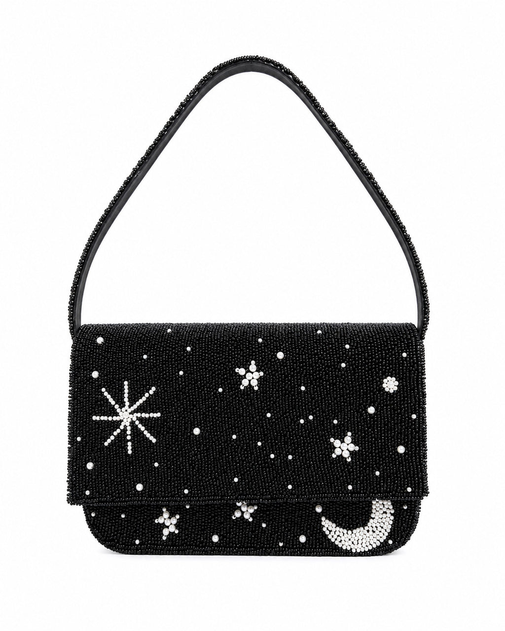 Black beaded handmade bag with star and moon designs on a white background
