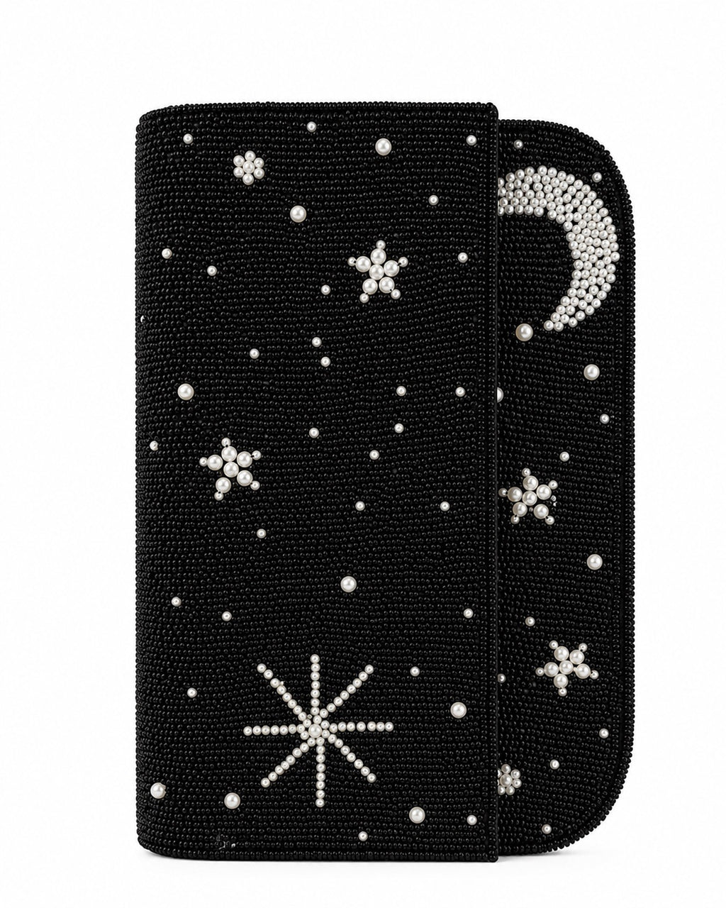 Black beaded handmade bag with star and moon designs on a white background