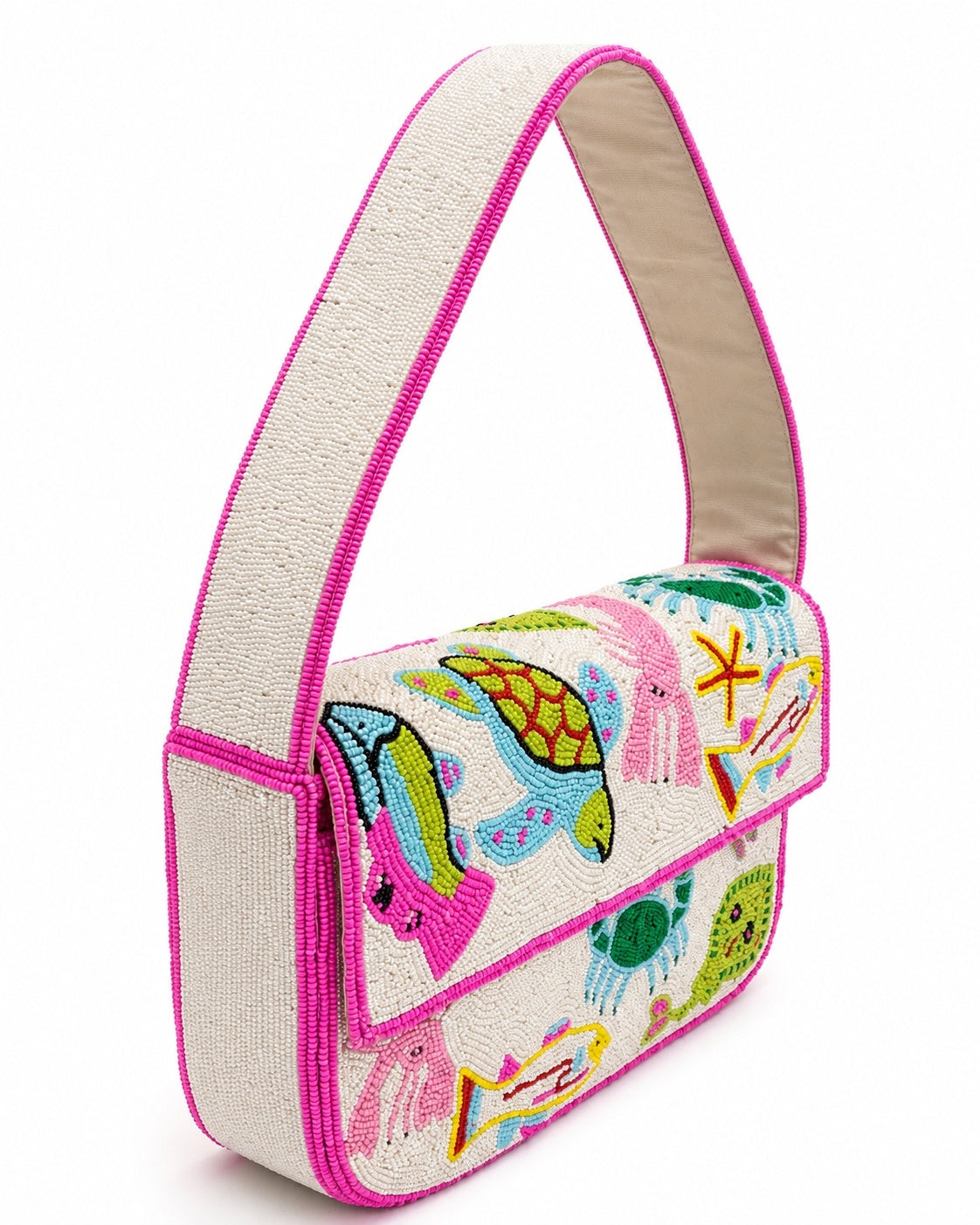 Handbag with colorful sea-themed design on a white background (beaded & handmade)