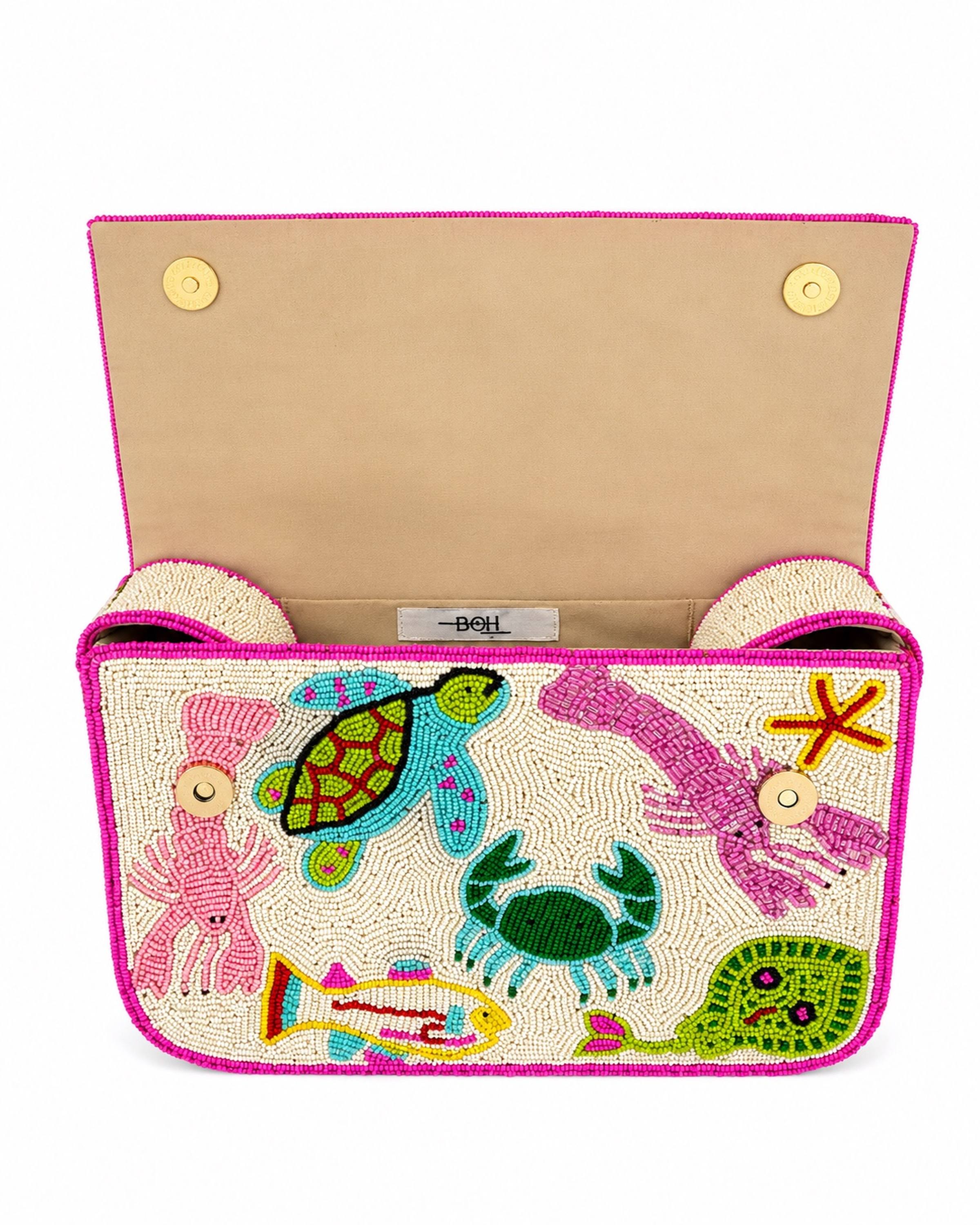 Handbag with colorful sea-themed design on a white background (beaded & handmade)