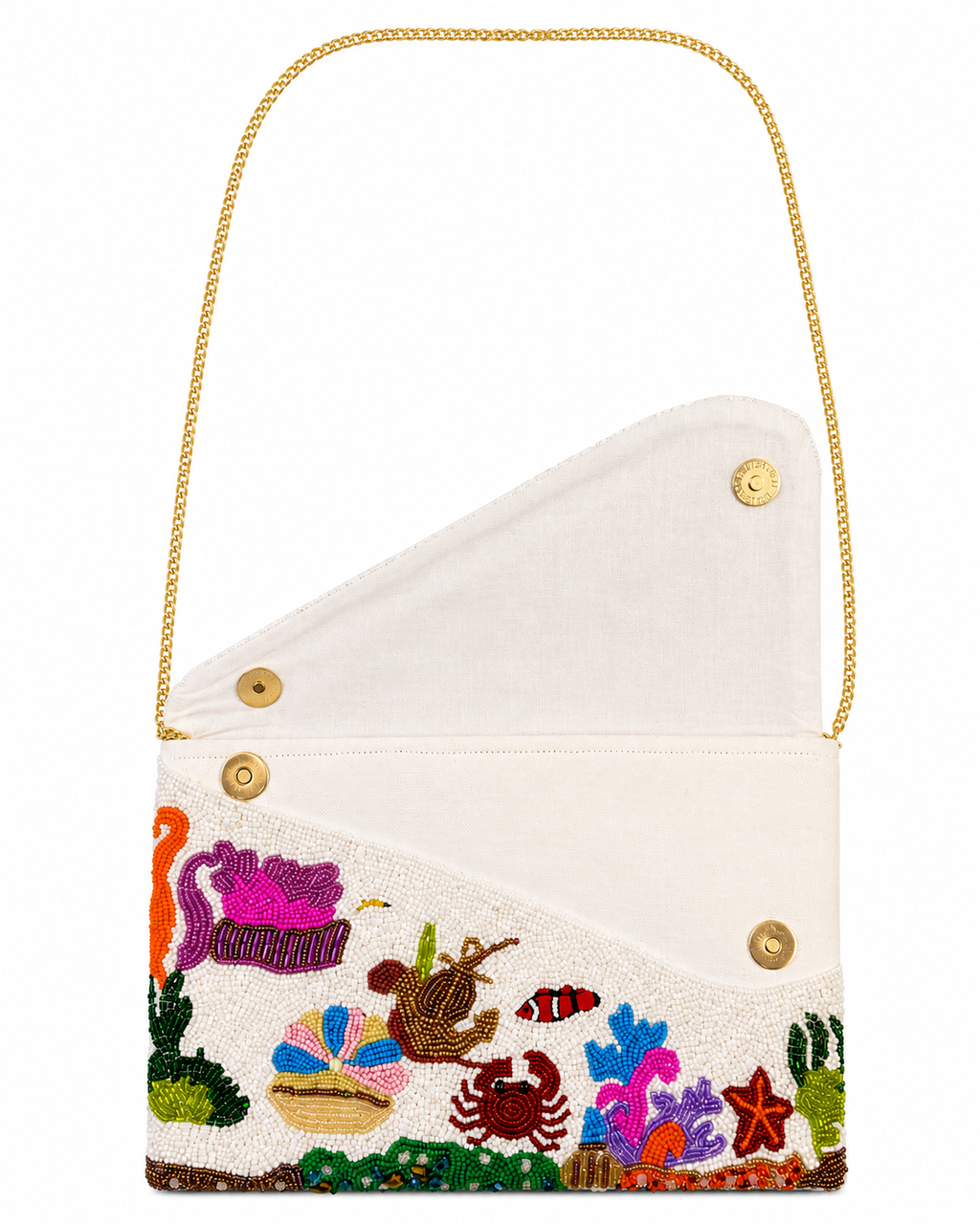 Colorful embroidered handbag with a gold chain strap on a white background