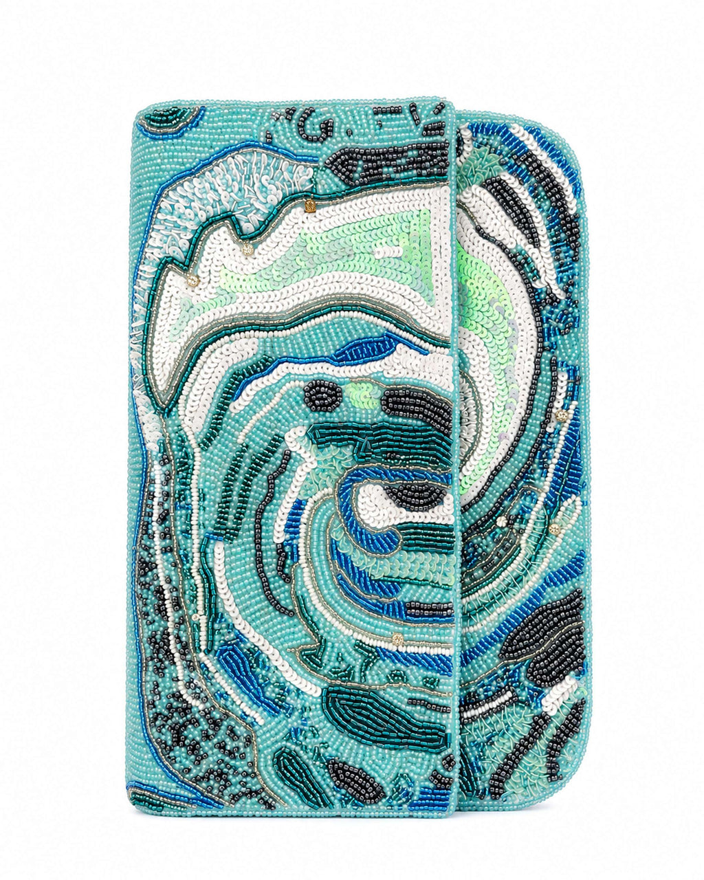 Turquoise handbag with ocean wave decorative pattern on a white background (beaded & handmade)