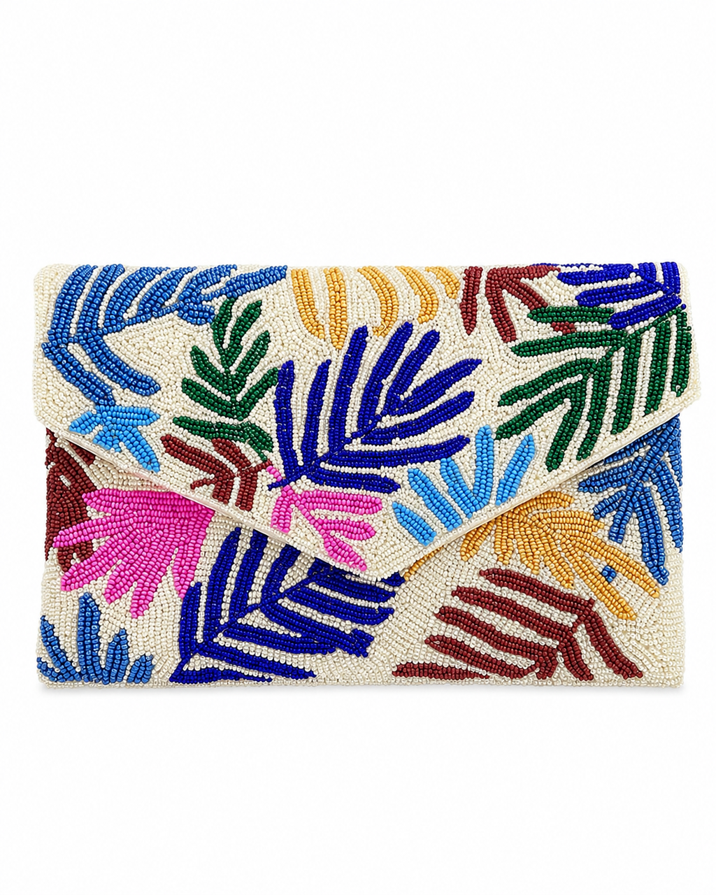 Tresboh Multicolored beaded clutch with leaf patterns on a white background