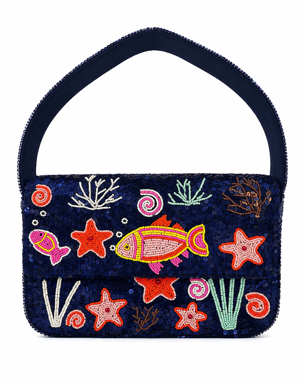 Navy blue handbag with colorful embroidered sea-themed designs on a white background (handmade beaded bag)