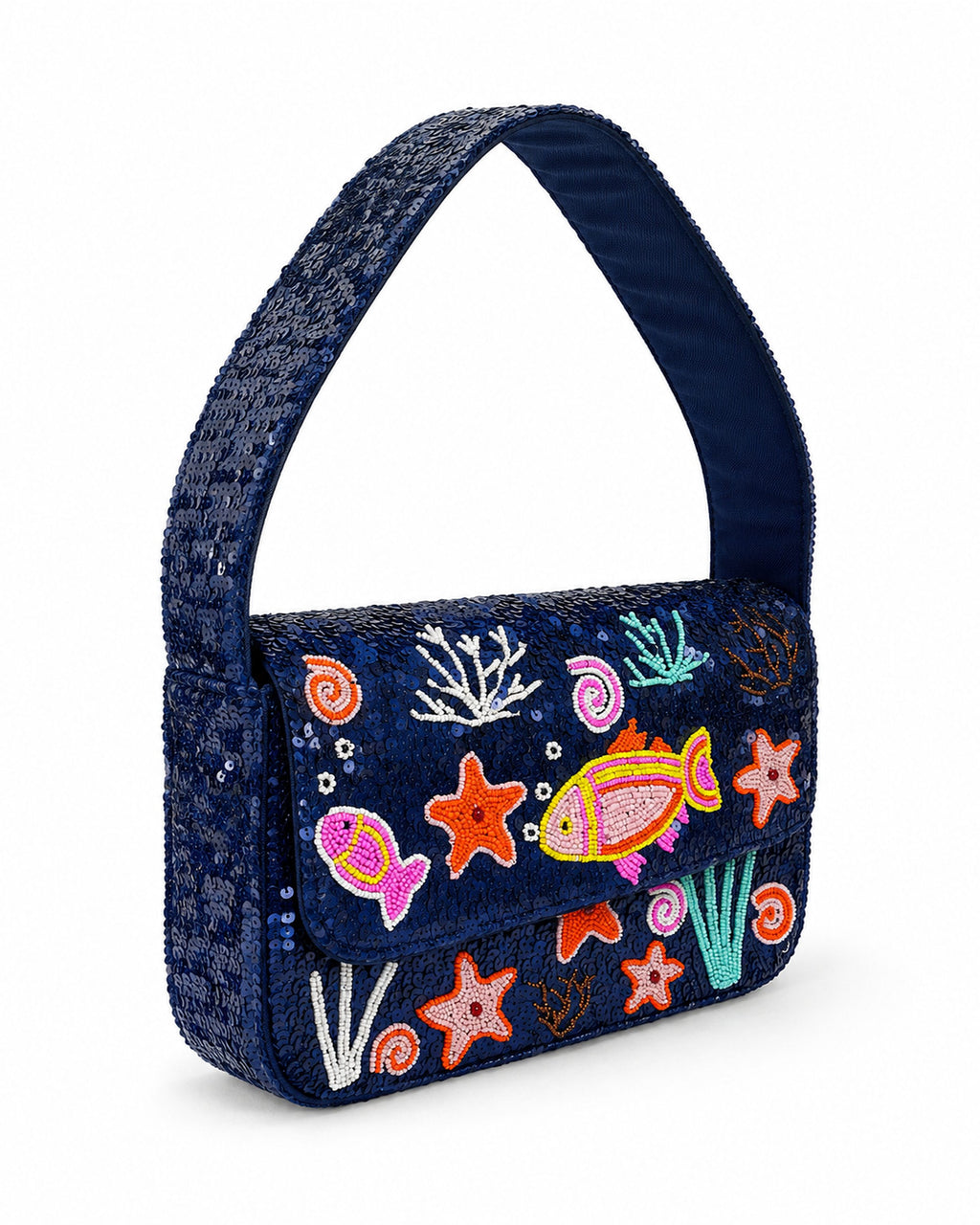 Navy blue handbag with colorful embroidered sea-themed designs on a white background (handmade beaded bag)