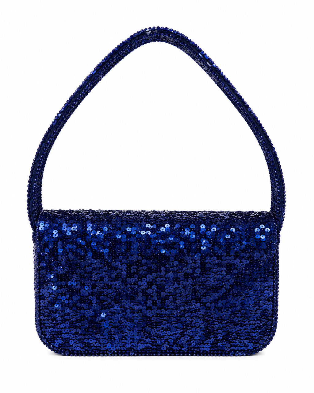 Navy blue handbag with colorful embroidered sea-themed designs on a white background (handmade beaded bag)