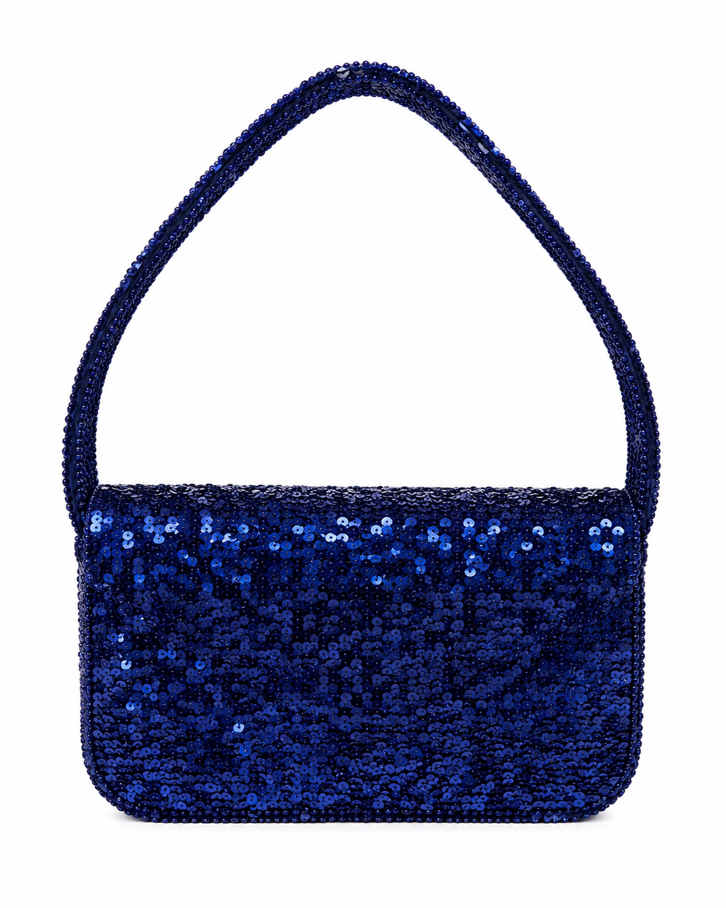 Navy blue handbag with colorful embroidered sea-themed designs on a white background (handmade beaded bag)