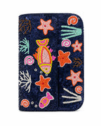 Navy blue handbag with colorful embroidered sea-themed designs on a white background (handmade beaded bag)