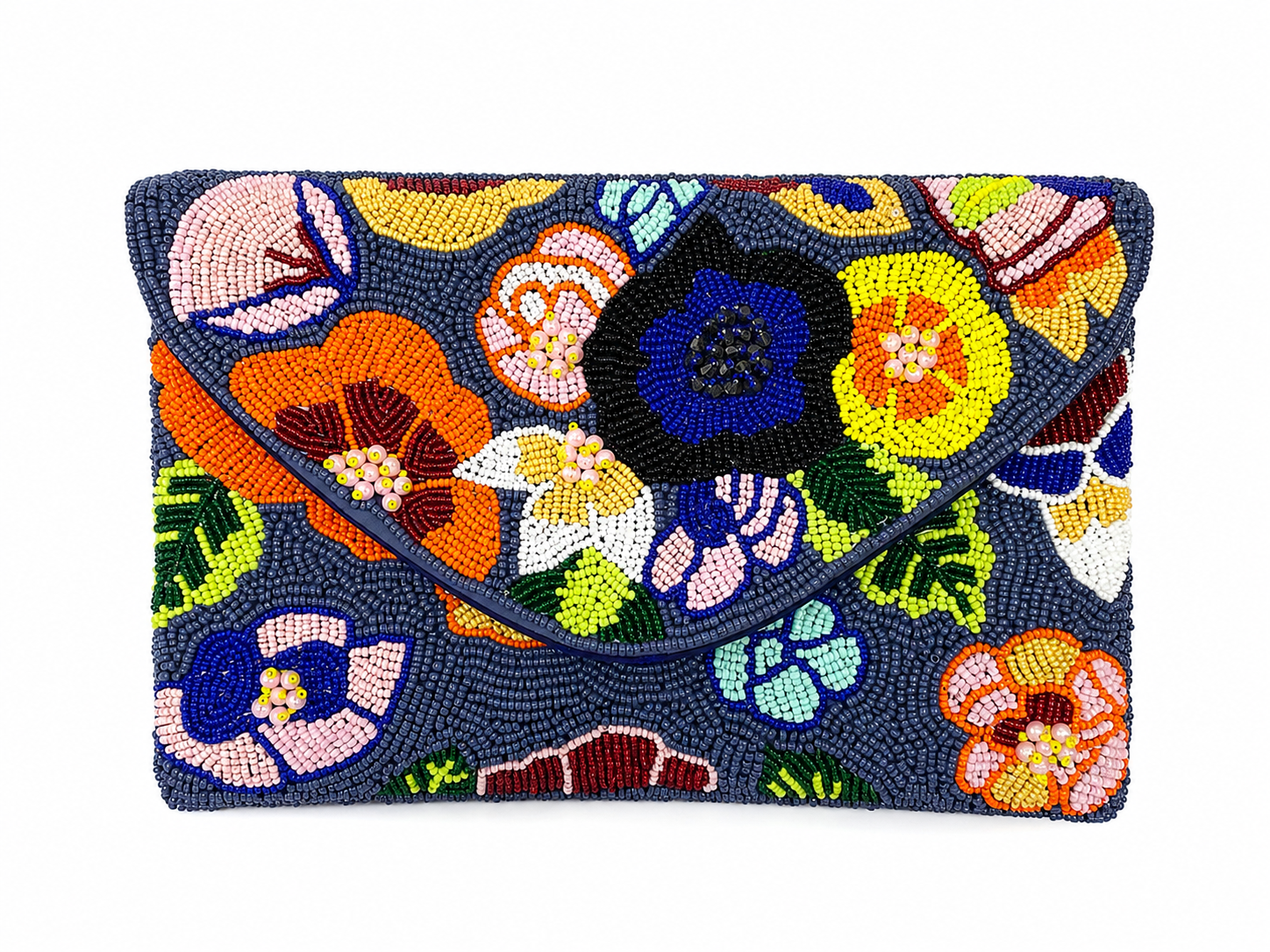 tresboh Colorful beaded clutch with floral patterns on a white background